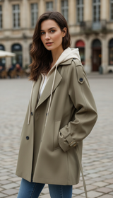 Women's Hooded Trench Coat - Double Breasted Belted - Side View