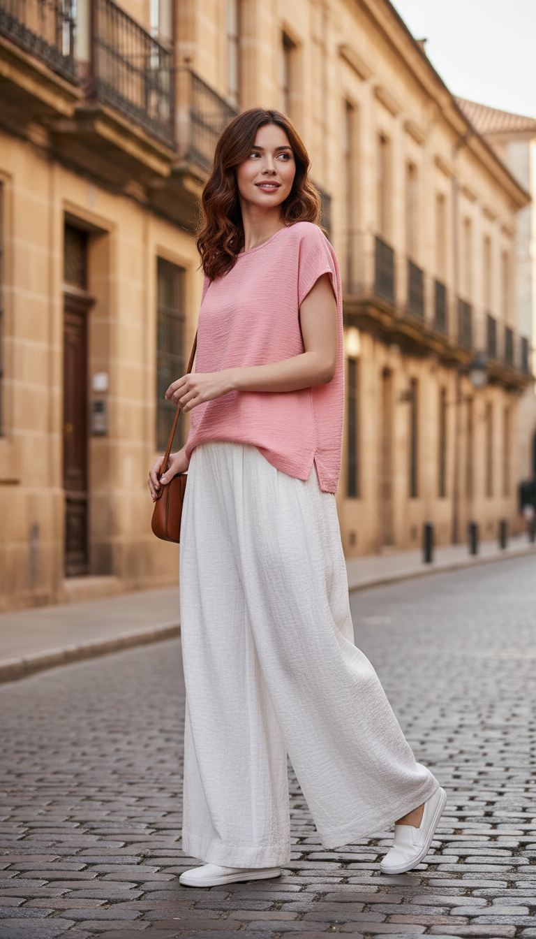 Women's Cotton Linen Wide Leg Pants - Pleated - Front View
