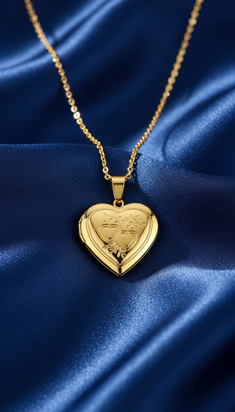 Heart Locket Pendant Necklace - Stainless Steel Memorial - Detail Close-Up