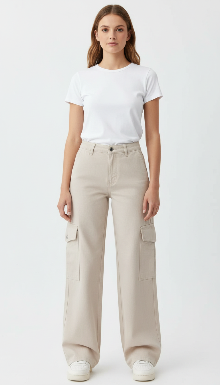 OURYE Women's Cotton Cargo Pants - Wide Leg in Stone