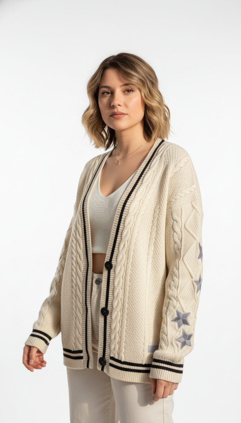 OURYE Women's Down Cardigan Sweater - Oversized in Beige