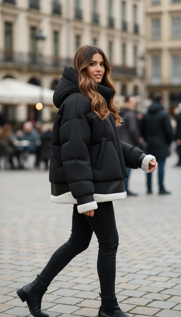 Women's Patchwork Down Jacket - Hooded Loose Fit - Front View
