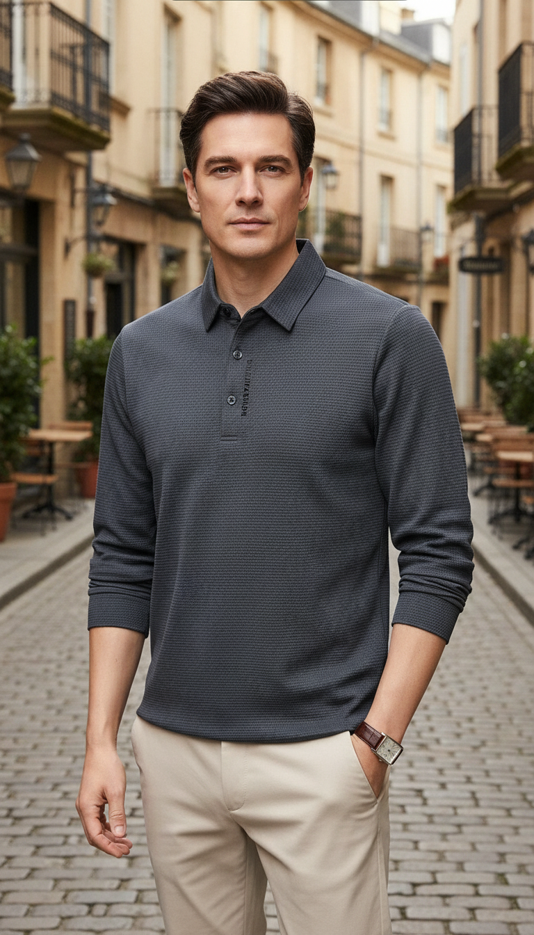 Herren Waffel-Langarm-POLOSHIRT mit Buchstaben-Revers, lässiges Oberteil