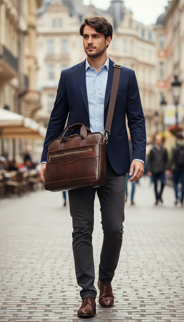 Genuine Leather Men's Briefcase – Premium Business Laptop - Side View