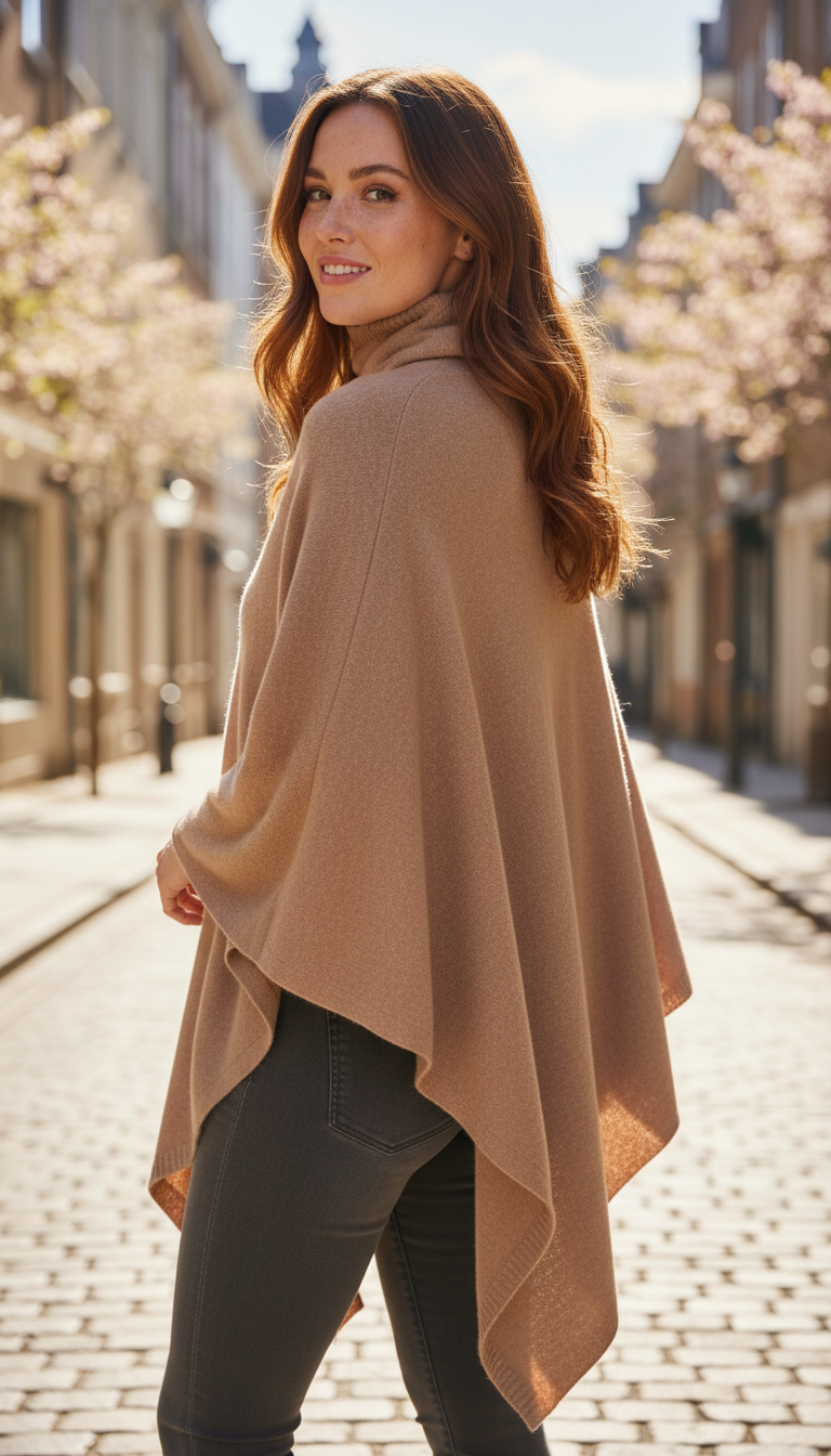Women's Wool Turtleneck Poncho - Knit Shawl Cape - Side View