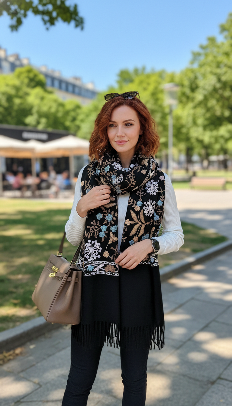Women's Polyester Scarf - Embroidered Pashmina Shawl Wrap - Back View