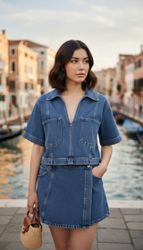Women's 2-Piece Denim Set - Slim Fit Collar - Detail Close-Up