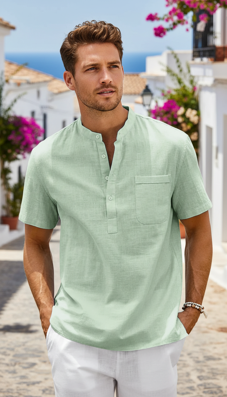 Cotton Linen Henley Shirt – Men's Short Sleeve - Image 5