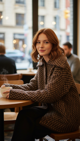 Women's Brown Knitted Cardigan - Elegant Lapel Loose - Detail Close-Up