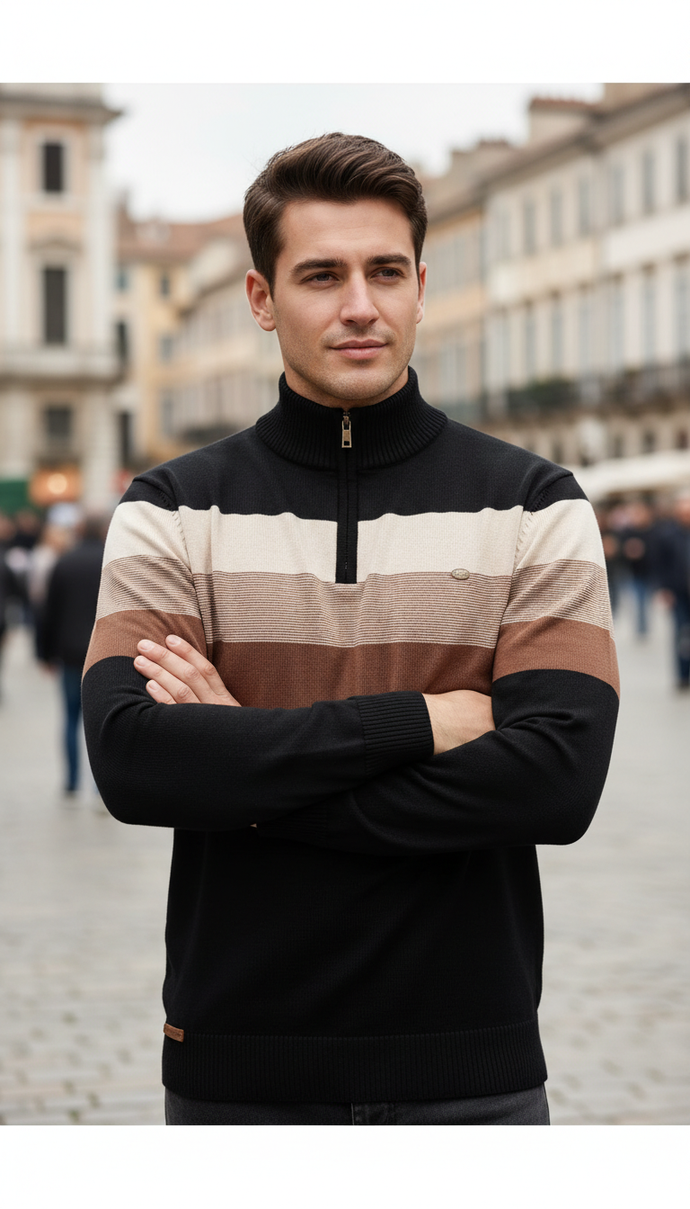 Men's Patchwork Pullover Sweater - Cotton Mock Neck - Image 9