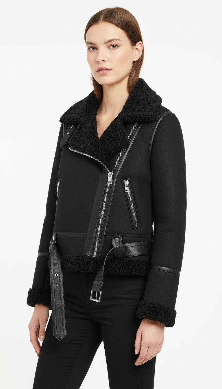 OURYE Women's Faux Leather Moto Jacket - Tailored in Black