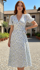 Women's Cotton V-Neck Midi Dress - Vintage Floral - Detail Close-Up