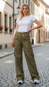 OURYE Women's Cotton Cargo Pants - Wide Leg in Stone