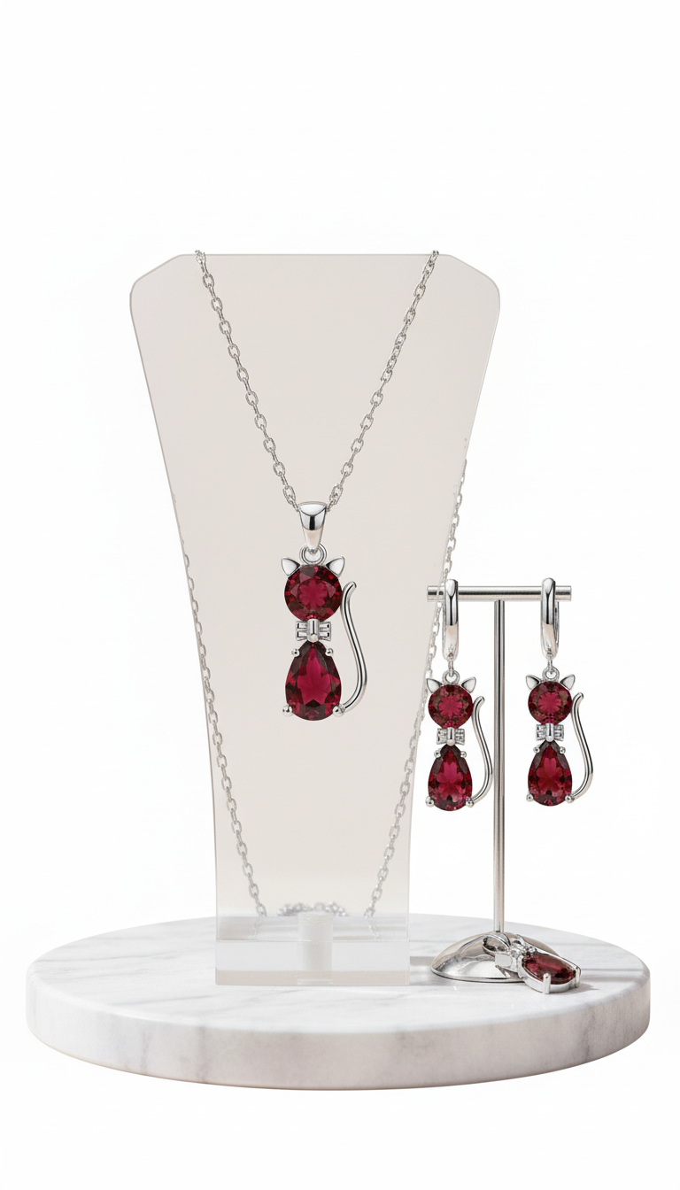 Sterling Silver Cat Necklace and Earring Set - - Front View