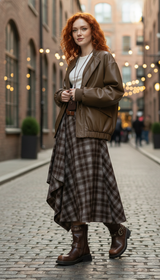 Plaid A-Line Midi Skirt – Women's High-Waist Retro - Front View