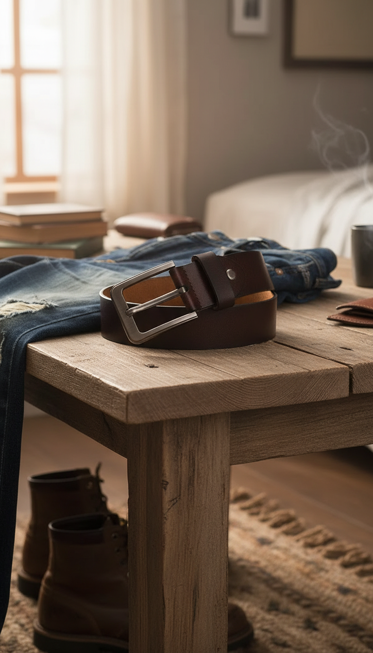 Men's Genuine Leather Belt - Long Large Pin - Detail Close-Up