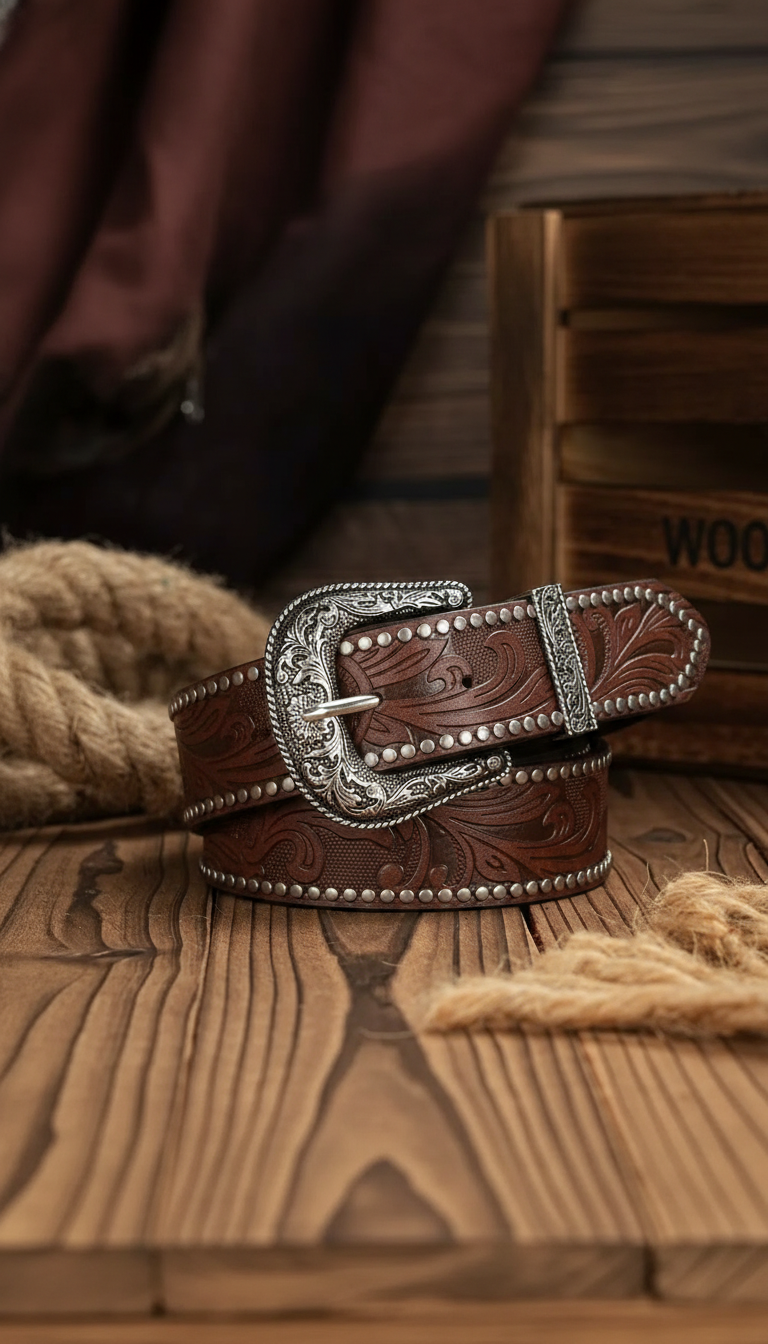 Western Cowboy PU Leather Belt - Men's Waist - Side View