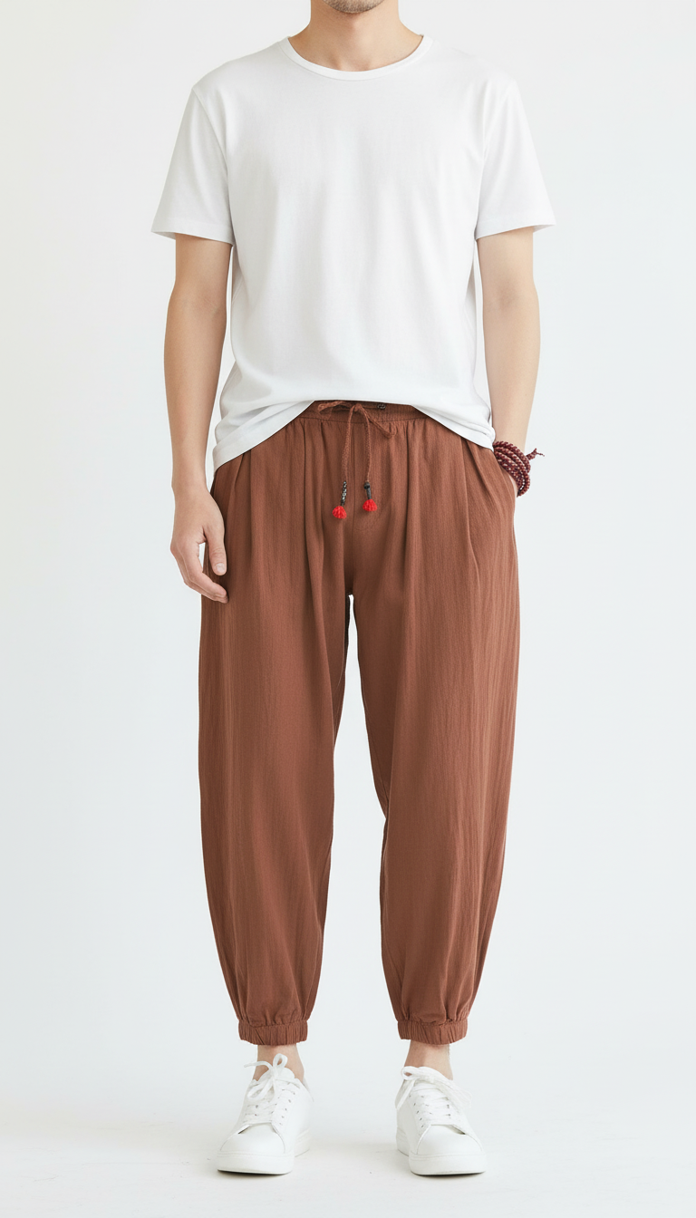 Herren lässige unifarbene Haremshose aus Baumwolle und Leinen, locker sitzende Übergröße Strandhose, Jogginghose, Herren weite Beinhose