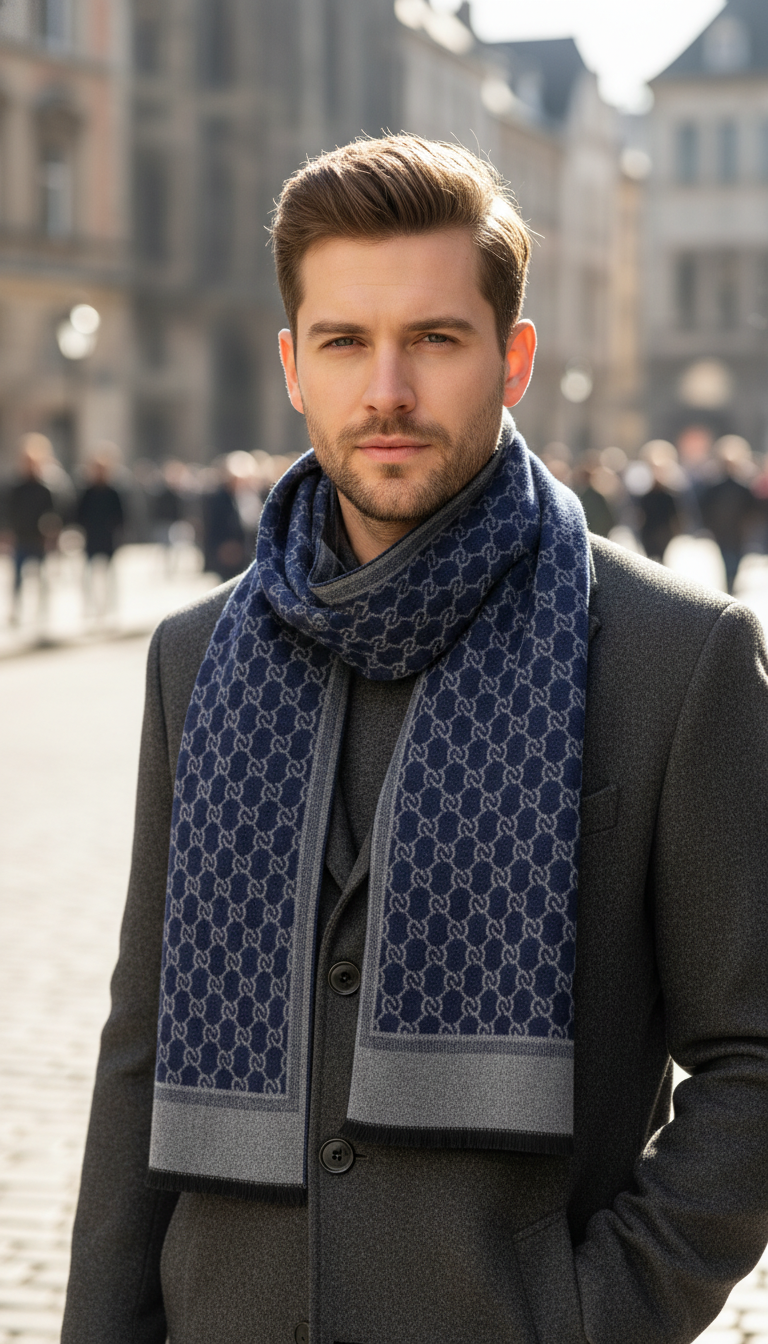 Men's Cashmere Scarf - Letter Print Pashmina Neck - Front View