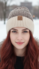 Fur-Lined Two-Tone Beanie – Unisex Knitted Hat in - Detail Close-Up