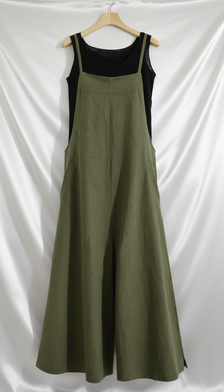 Women's Cotton Linen Wide Leg Overalls - Sleeveless - Side View