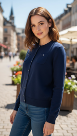 OURYE women's wool knit cardigan — Knit and button detail