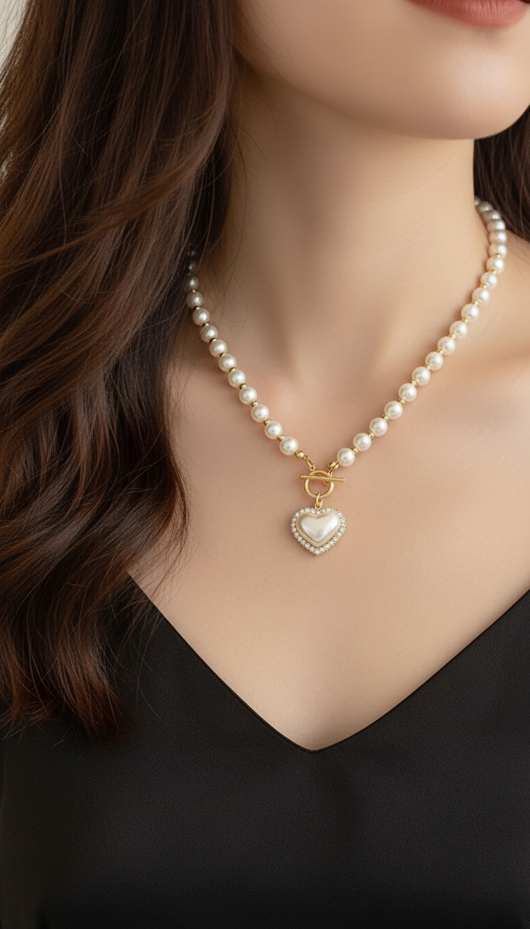 Pearl Heart Pendant Necklace - Elegant Simulated Pearl - Front View