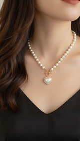 Pearl Heart Pendant Necklace - Elegant Simulated Pearl - Front View
