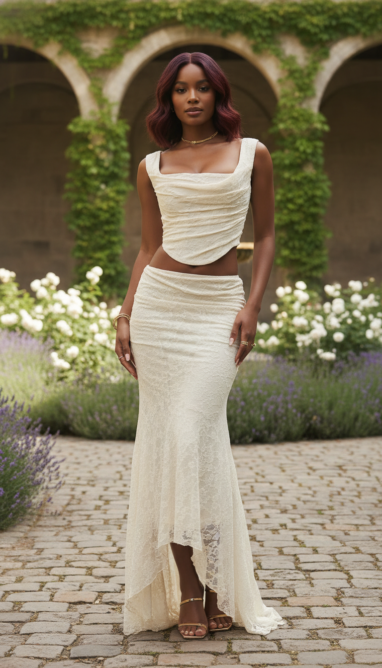 Women's 2-Piece Formal Dress Set - Lace V-Neck - Front View