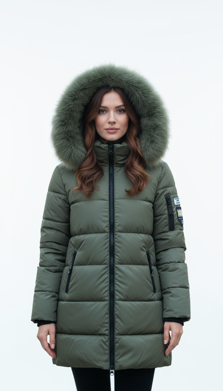 Women's Long Fur Collar Hooded Parka - Elegant Slim Thick Winter Coat with Zipper & Pockets