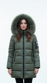 Women's Long Fur Collar Hooded Parka - Elegant Slim Thick Winter Coat with Zipper & Pockets