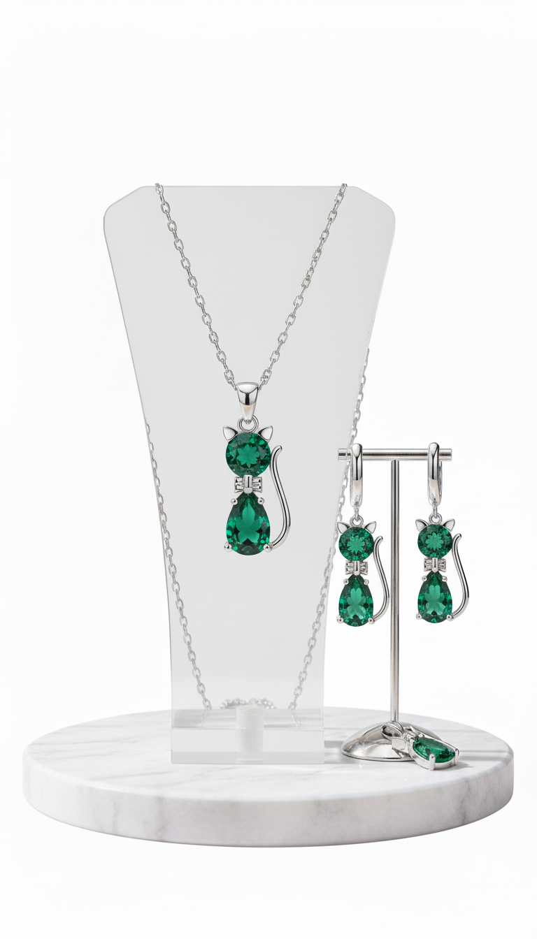 Sterling Silver Cat Necklace and Earring Set - - Back View