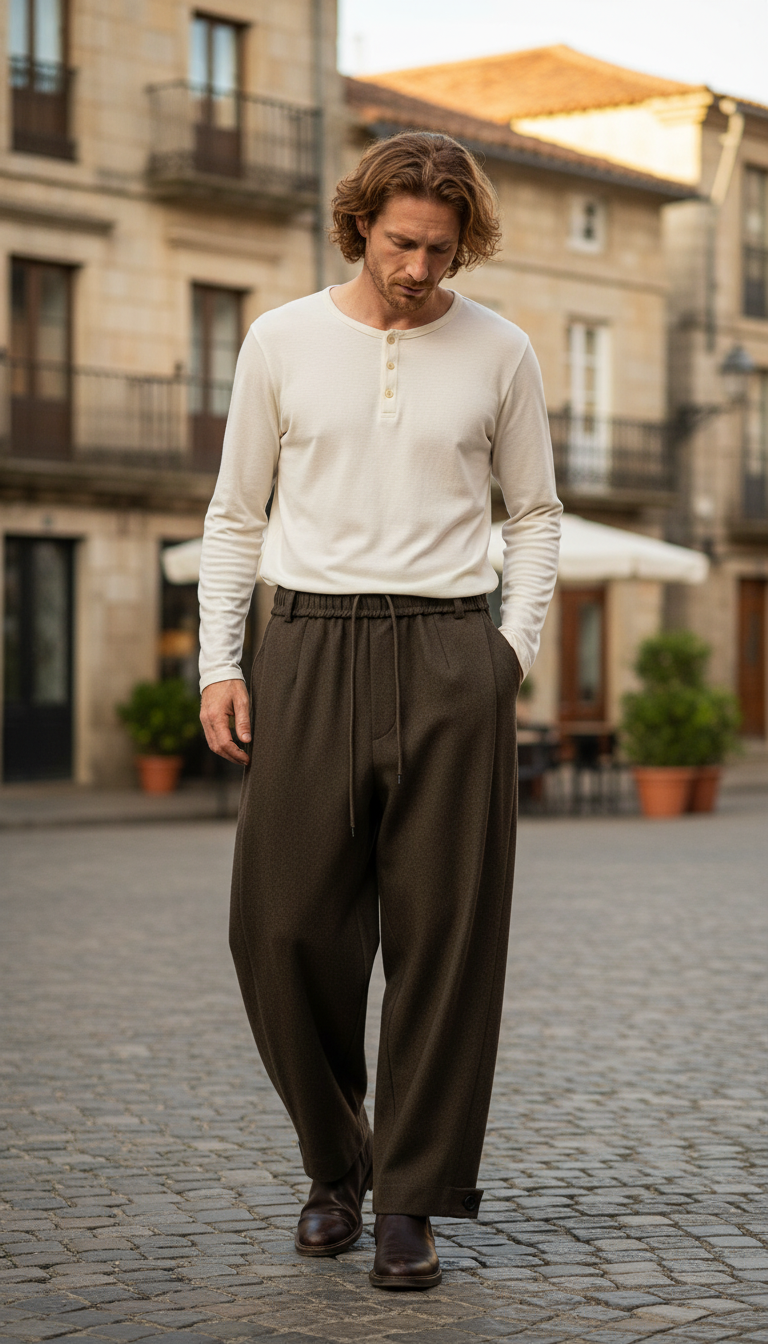 OURYE Men's Pleated Trousers - Wide Leg in Stone
