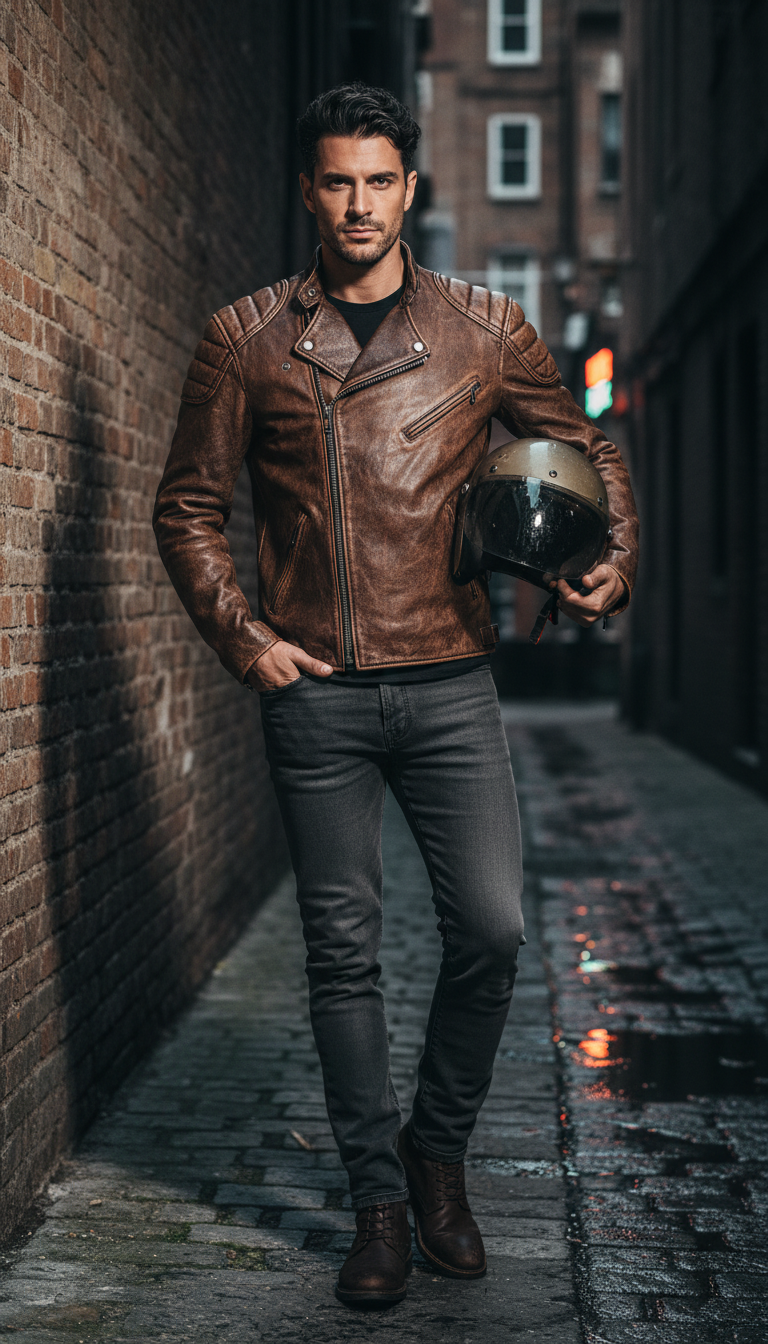 Men's Vintage Brown Genuine Leather Jacket - Slim - Back View