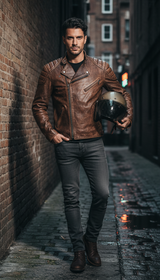 Men's Vintage Brown Genuine Leather Jacket - Slim - Back View