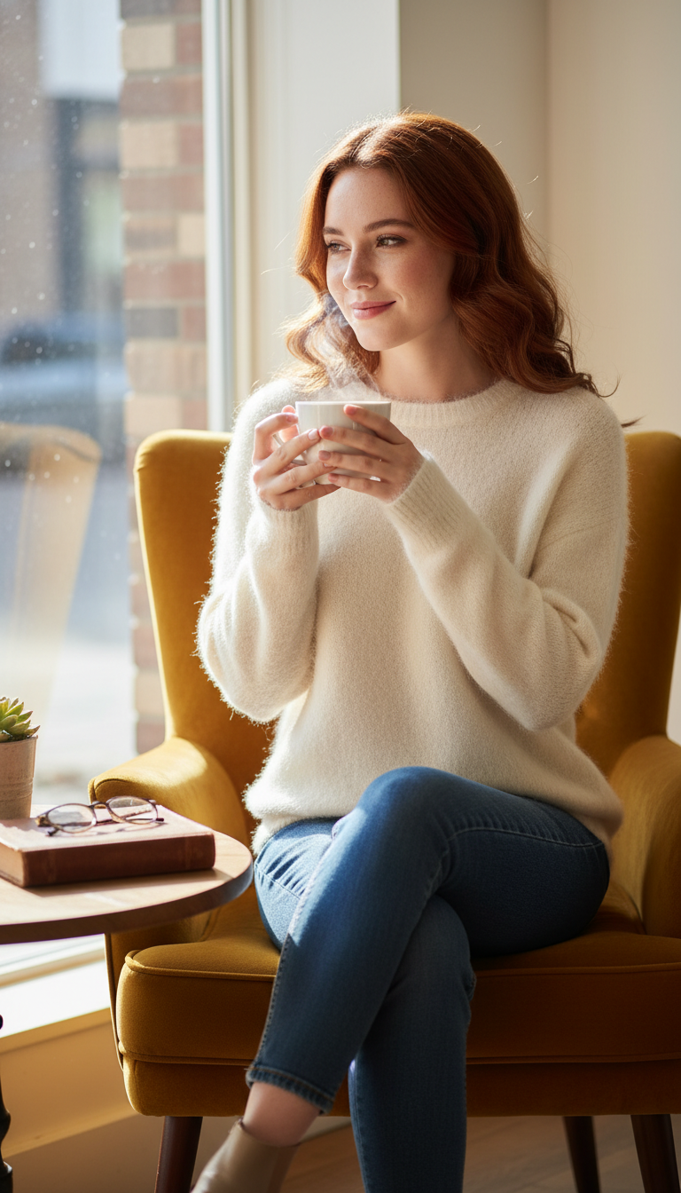 Women's Warm Alpaca Pullover - Loose Dropped Sleeve - Side View