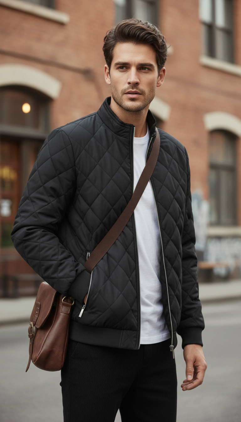 OURYE Men's Quilted Bomber Jacket - Slim Fit in Black