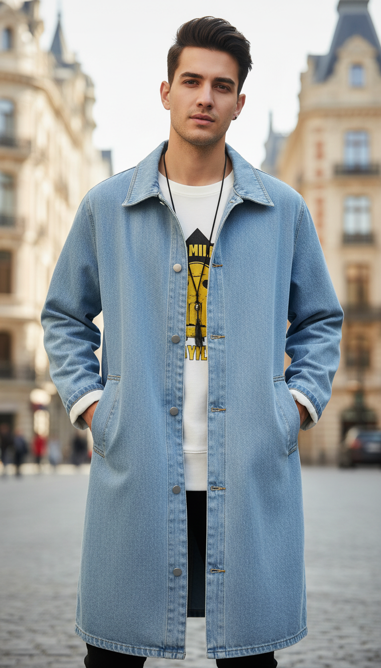 OURYE Men's Denim Trench Coat - Relaxed in Black