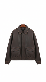 Women's Oversized Vintage Brown Faux Leather Jacket - - Side View