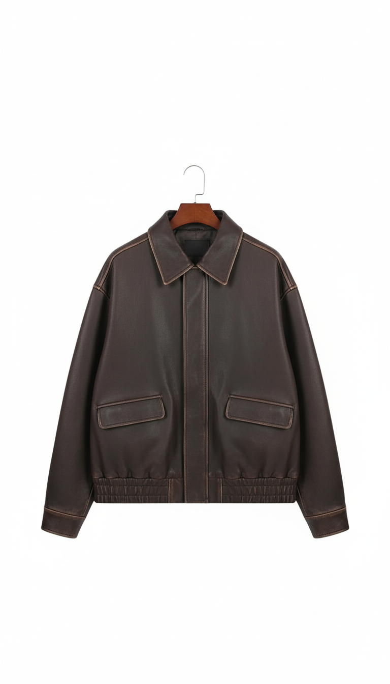 Women's Oversized Vintage Brown Faux Leather Jacket - - Side View