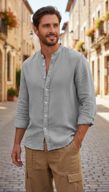 Men's Linen Long Sleeve Shirt – Stand Collar - Detail Close-Up