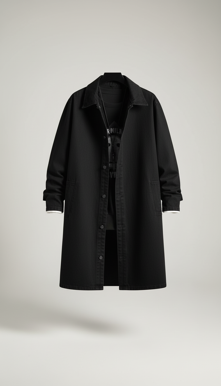 OURYE Men's Denim Trench Coat - Relaxed in Black