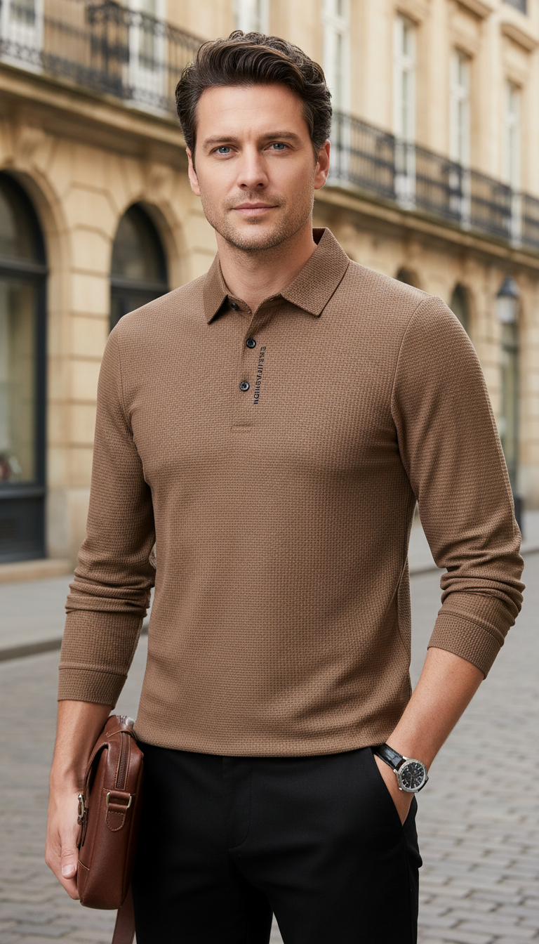 Herren Waffel-Langarm-POLOSHIRT mit Buchstaben-Revers, lässiges Oberteil