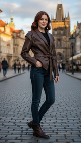 Women's Oversized Belted Faux Leather Jacket - Dropped - Front View