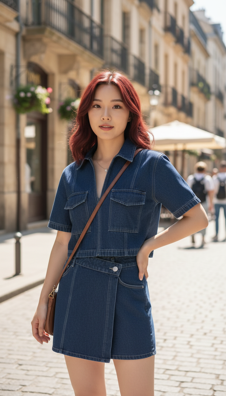 Women's 2-Piece Denim Set - Slim Fit Collar - Front View
