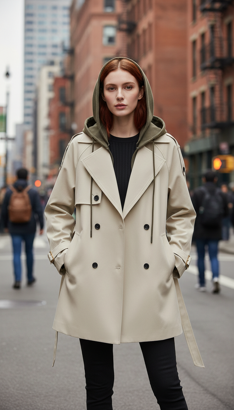 Women's Hooded Trench Coat - Double Breasted Belted - Detail Close-Up