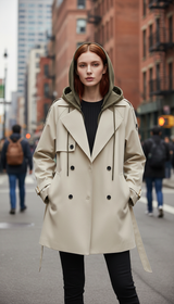 Women's Hooded Trench Coat - Double Breasted Belted - Detail Close-Up