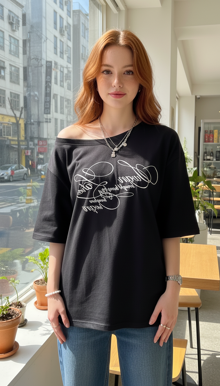 Women's Oversized Letter Print T-Shirt - Loose Fit - Detail Close-Up