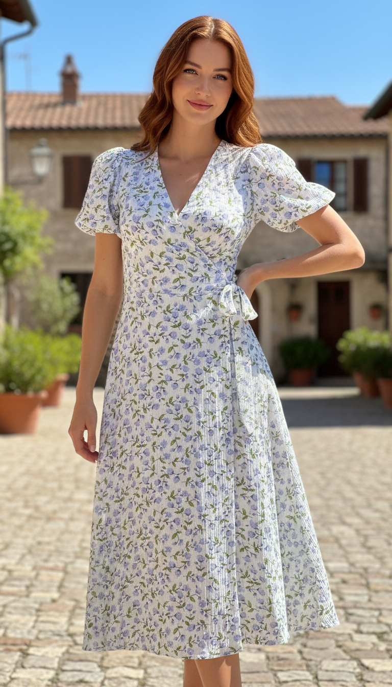 Women's Cotton V-Neck Midi Dress - Vintage Floral - Back View