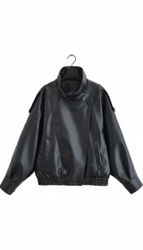 Women's Pebbled Faux Leather Moto Jacket - Casual - Detail Close-Up